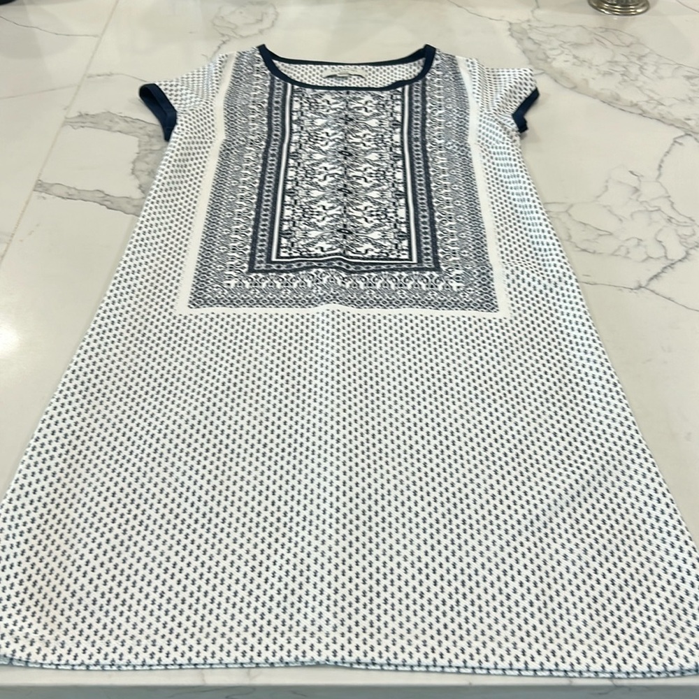 Cortefiel Short Sleeve  Knit Mini.‎ Beautiful Blue Print    On Dress. Size UK6 - Picture 6 of 11